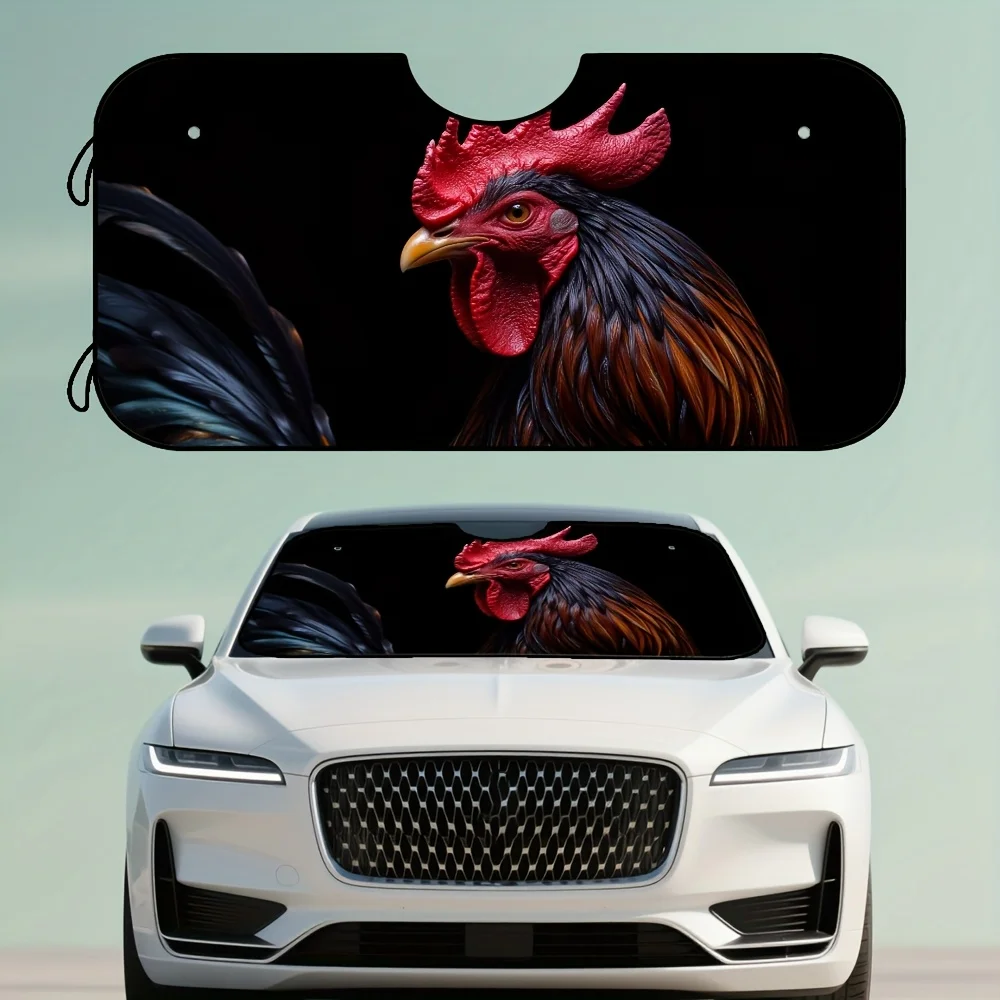 1pc Foldable Rooster Portrait Car Windshield Visor - Stylish Black & Red Design, Keeps Vehicle Interior Cool, Perfect For Urban