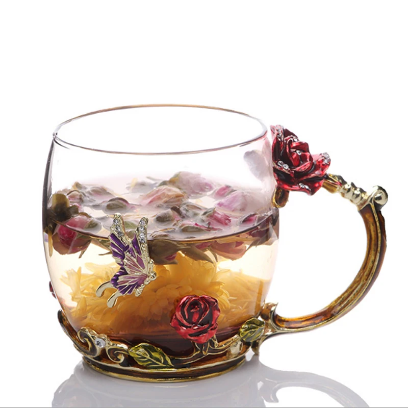 Vintage Rose Enamels Glass Cup Classical Crystal Flower Tea Set Coffee Cup Wine  Cup Gift