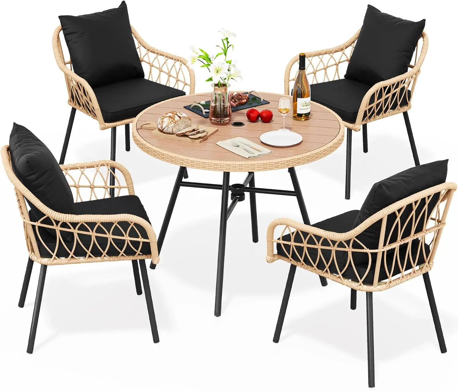 

Outdoor Patio Furniture Dining Set,All-Weather Rattan Conversation Set with Soft Cushions and Plastic Wood Tabletop Dining Table