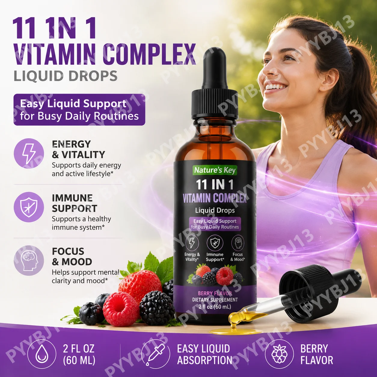 SOLOTREE 11 in 1 Vitamin B Complex Drops 23000mcg Vitamin B Oral Liquid Supplement for Energy, Daily Wellness Support, 30 ML