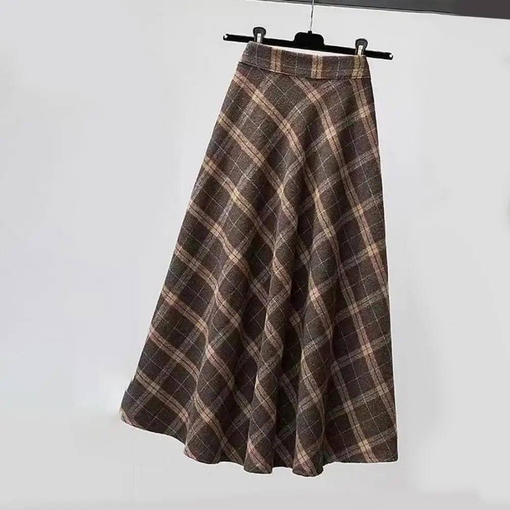 Falda a cuadros para mujer, falda larga gruesa, cálida y elegante con estampado a cuadros, falda larga informal de lana a cuadros para otoño e invierno, faldas por debajo de la rodilla a la moda