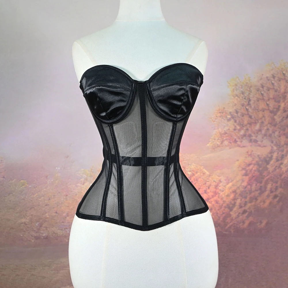Women's Corset Bustiers Strapless With Bra Breathable Mesh Lace Up Boned Bodices Waist Girdle Tummy Control Tight Tops view 2