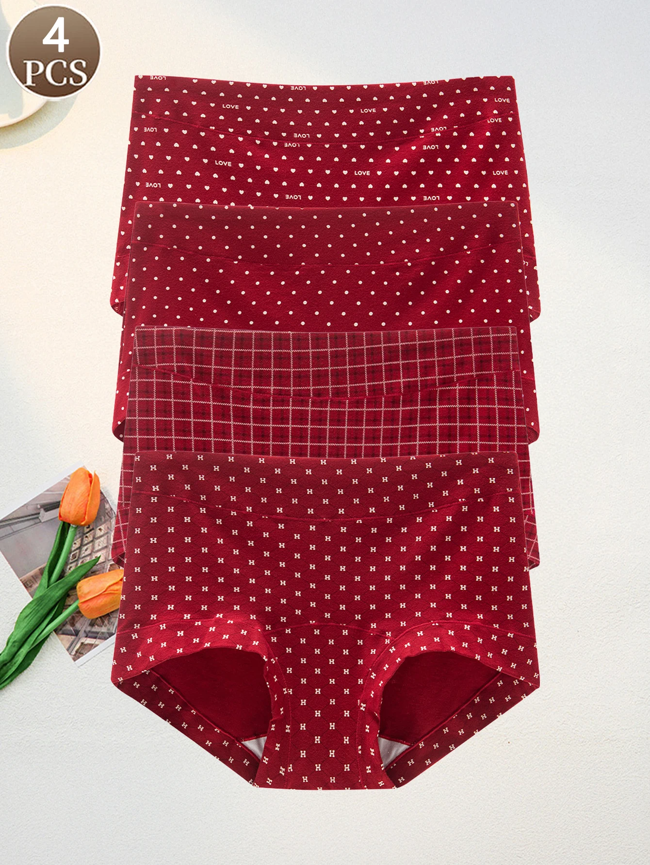 

4 шт. женские трусики модные Ankora красные буквы с принтом сердца средней талии мягкие и удобные повседневные спортивные женские трусы-боксеры