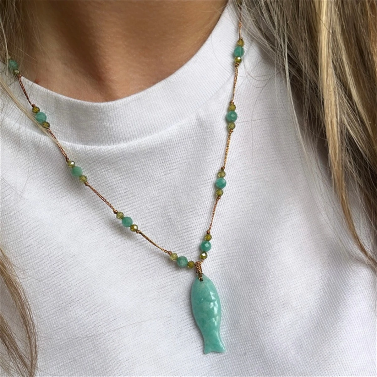 

Summer Ocean Small Fish Starfish Shell Bead Rope Chain Necklace Copper Material Gold Plated Color Preserved