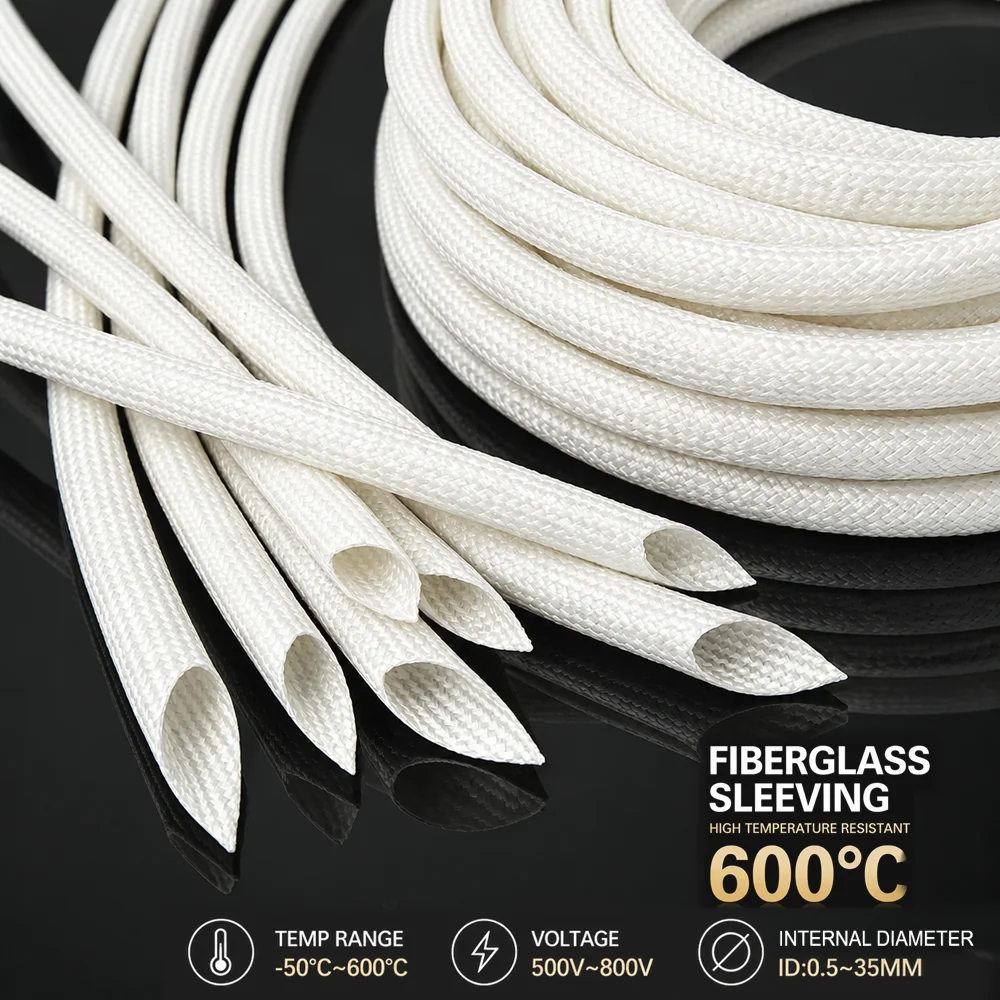 White 600 deg C glassfiber sleeve ID 0.5-35mm Wear resistant/wire harness high-temperature isolation protective sleeve