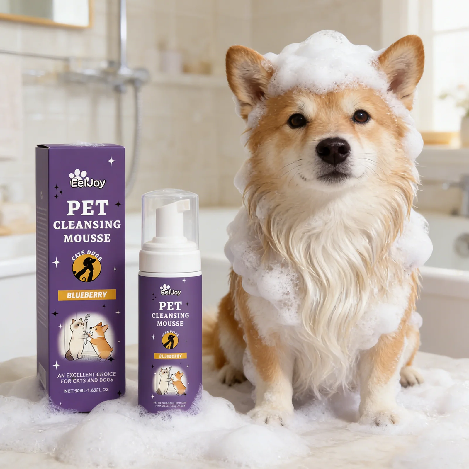 Trockenshampoo-Schaum für Hunde & Katzen - Schneller Geruchsentferner und Entwirrer - Sanfte Wasserlose Reinigungsmousse mit Beerenextrakt