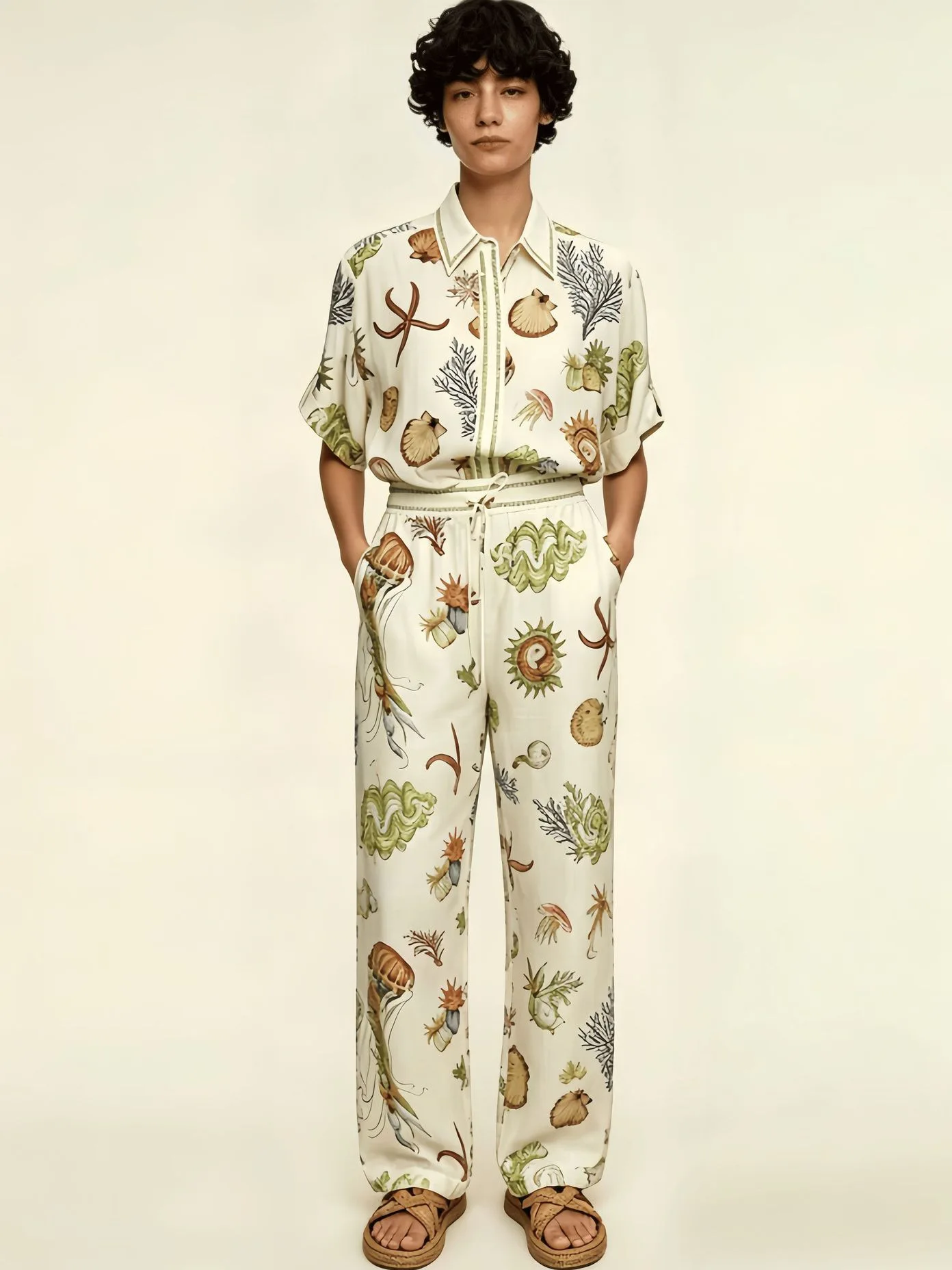 Fashionable Printed Shirt And Pants Set High Waist Short Sleeve Women's Clothing Two-Piece Suit for Date And Daily Wear