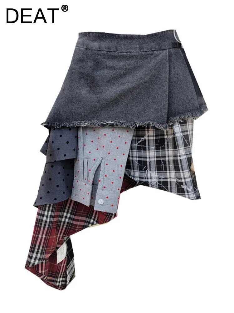 

DEAT Women's Denim Skirts Patchwork Irregular Contrast Color Plaid A-line Polka Dot Mini Skirt 2024 Summer New Fashion 11A0371