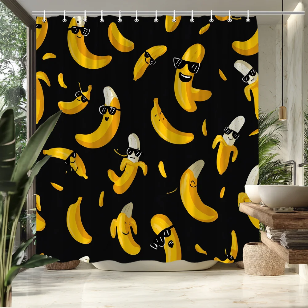 Funny Banana Pattern Shower Curtain Cool Sunglasses Fruit Print Waterproof Bathroom Decor Black Background Kids Home Bath Screen