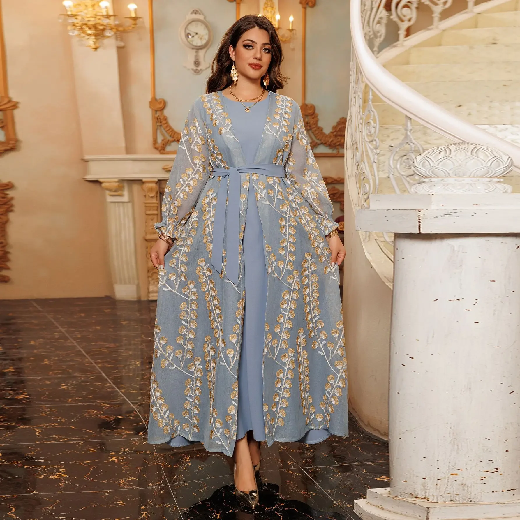 Vest Set Jurk Dubai Elegante Lange Jurk Moslimvrouwen Manchet Verzameld Abaya Gewaad Dameskleding