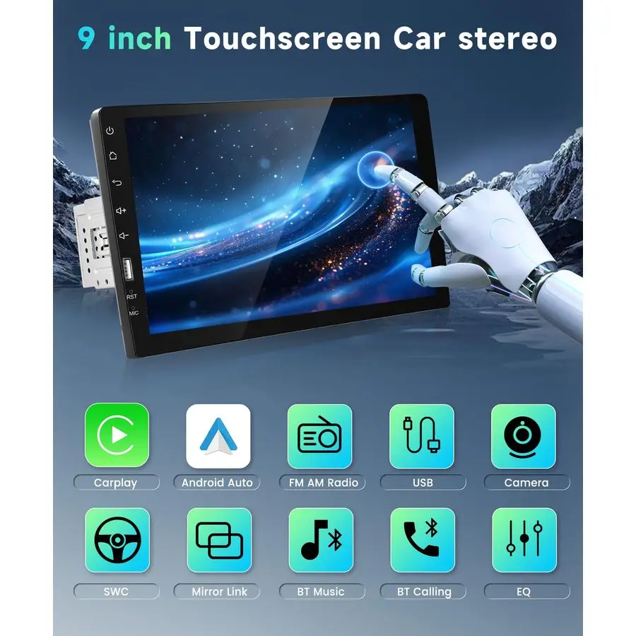 ستيريو سيارة فردي Din مع Carplay Android Auto، 9 بوصة 1024x600 HD IPS شاشة تعمل باللمس بلوتوث FM AM راديو مرآة Link SWC، Car Audi