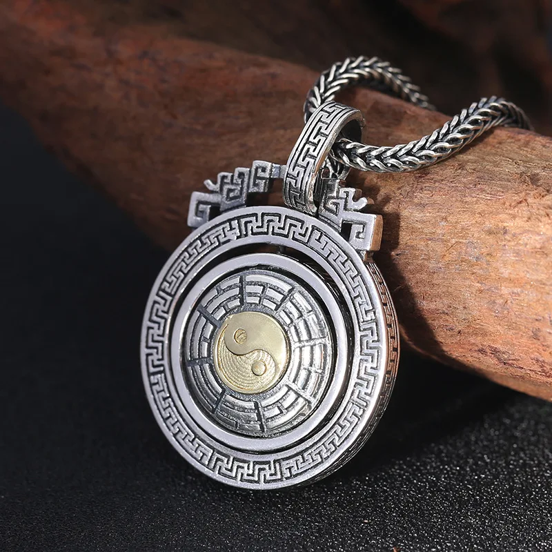 925 Sterling Six-Character Mantra Rotating Men'S Necklace, Thai Silver Vintage Pendant