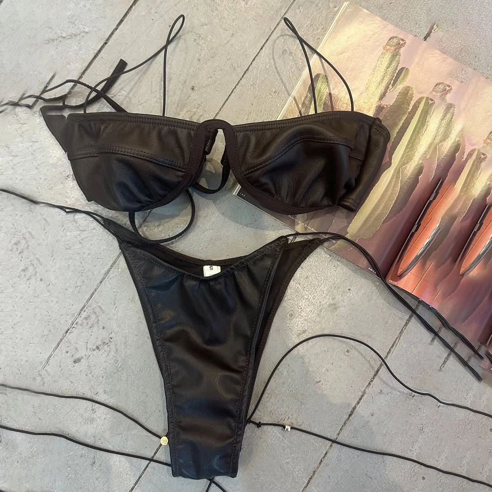 

Блестящий черный купальник-бикини с эффектом пуш-ап 2026, сексуальный женский купальник, микро-бикини, бандо, бикини, женская пляжная одежда, купальный костюм