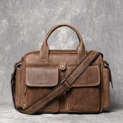 Leathfocus Men's Crazy Horse Leather Handbag Vintage Casual Shoulder Crossbody 12.8-inch Laptop Bag Men Business Briefcase