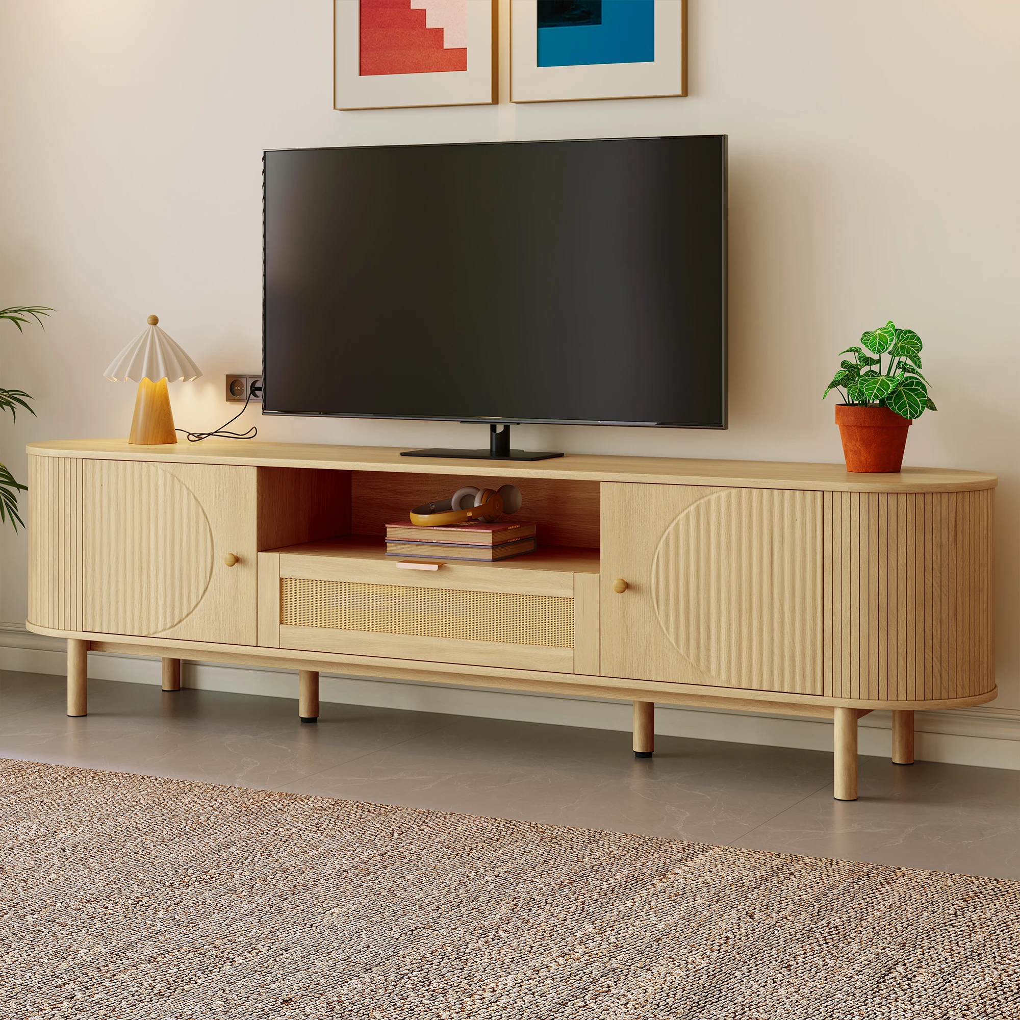 PINGGO Moderner TV-Schrank mit Rattanschublade, offenen Regalen, runder Tischplatte, Metallbeinen, Holzoptik, 175x36x41 cm – Detail 7