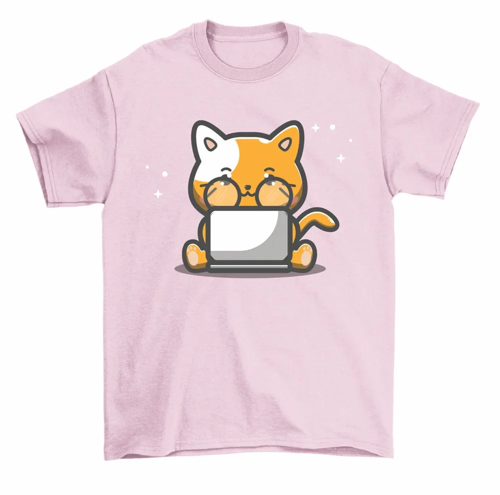 Cute Cat On Laptop Computer Kitty Cat Lover T-Shirt Women Unisex High Quality 100%Cotton Short Sleeve