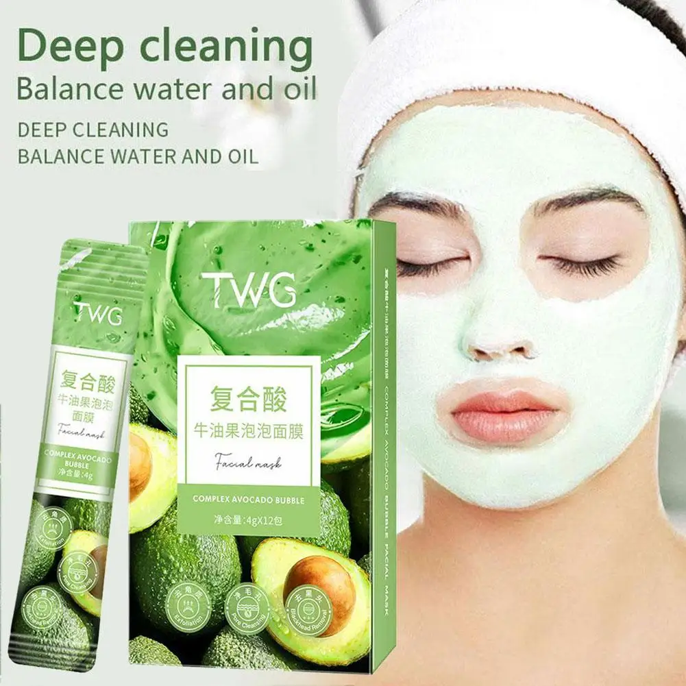 Compound Acid Avocado Bubble Mask 12PCS Deep Cleansing Mask, Exfoliating Blackhead Removal Skincare for Pore Cleansing