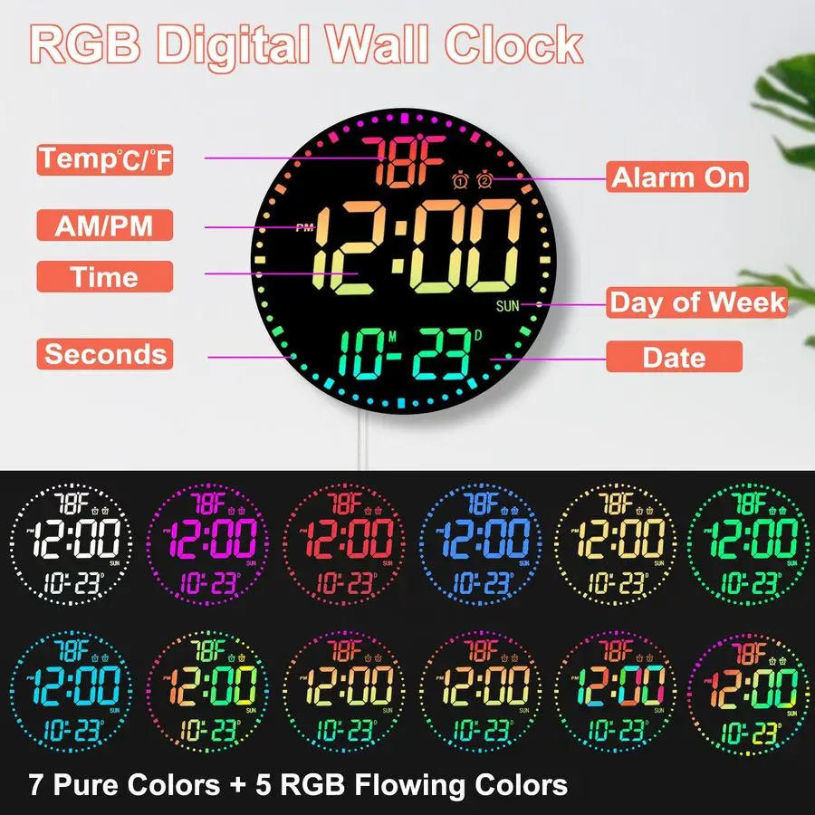 12 RGB Color Changing Digital Wall Clock with Remote Control LED Display Plugin Clock with 3 Brightness Levels amp Temperature D