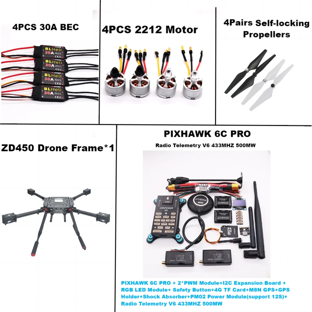 PIXHAWK 6C PRO contrôle de vol M8N /M9N Fiber de carbone 450 Kit de cadre Ardupilot radio télémétrie quadrirotor BLHELI 30AESC 2212 moteur