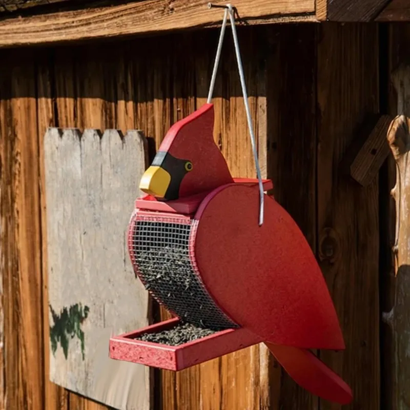 ABKW-Wooden Cardinal Bird Feeder - Red Hanging Suction Cup Feeder