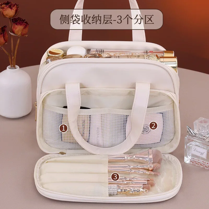 Dual Compartment PU Makeup Bag With Handle, Portable Travel Cosmetic Pouch, Multi Pocket Organizer For Brushes Skincare Storage