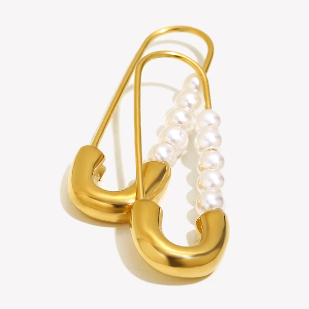 E B belle Official Store Stainless Steel Jewelry Dainty Safety Pin Pearl Earring For Girl 18k Gold Plated Fashion Earring