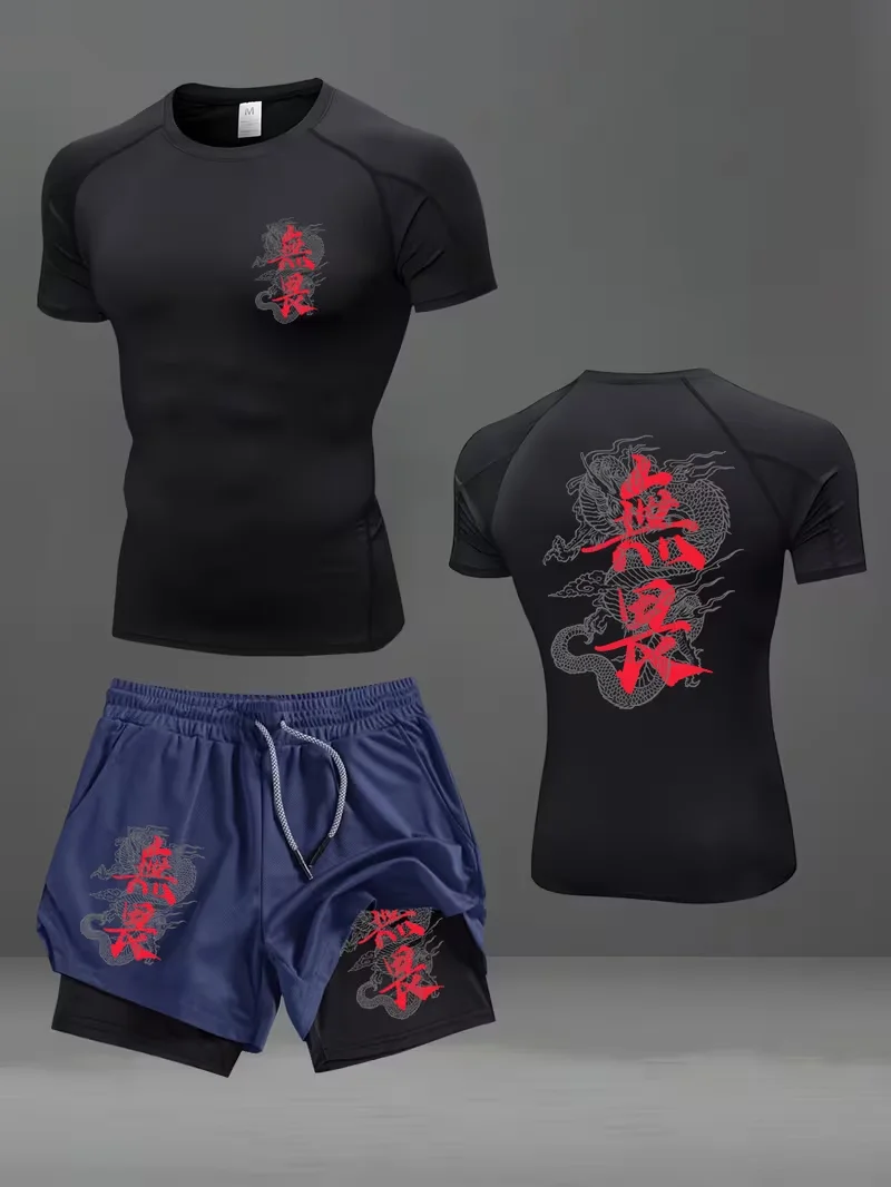 New men's slim fit suit quick drying round neck quick drying sports T-shirt+double-layer pants gym running hiking football sport view 2