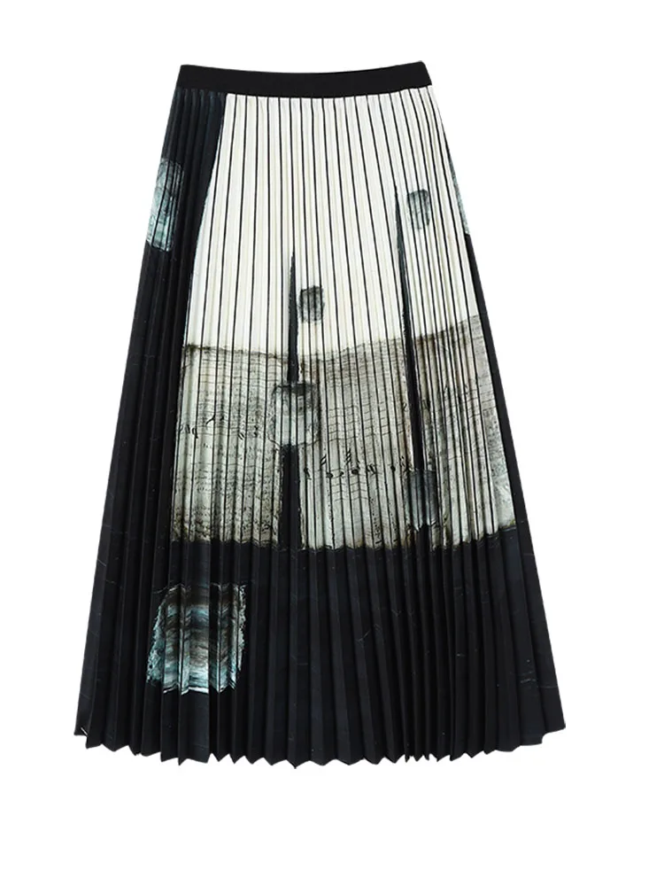 Women Chinese Style Midi A-line Pleated Skirt Vintage Dark Academia Tide Aesthetic Cottage Core Old Money Cyber Punk Boho Y2k