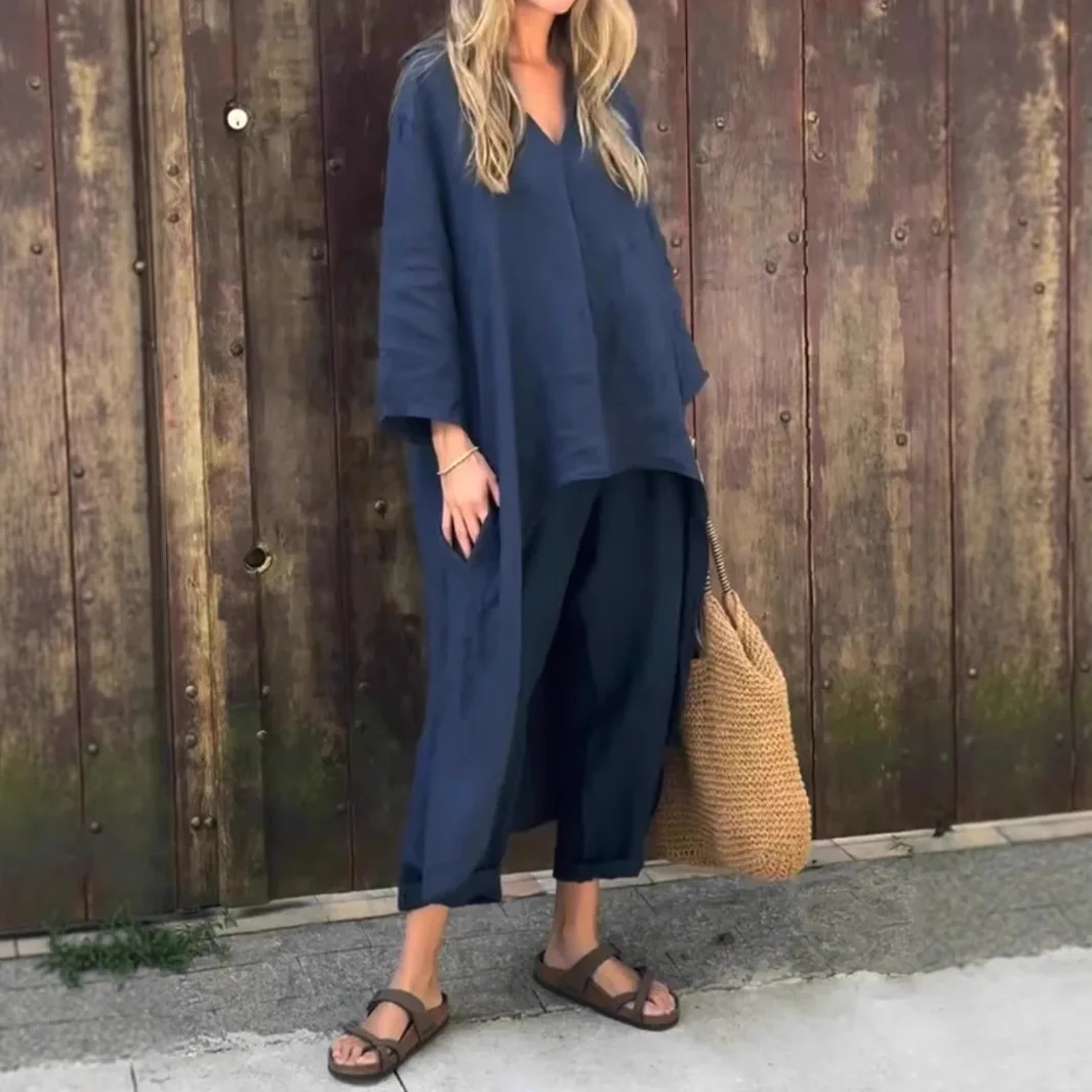 مكتب السيدات الخامس الرقبة بلوزات وسراويل دعوى الصيف بناطيل كاجوال المرأة بلون دعوى القطن الكتان واسعة الساق السراويل بدلة أنيقة