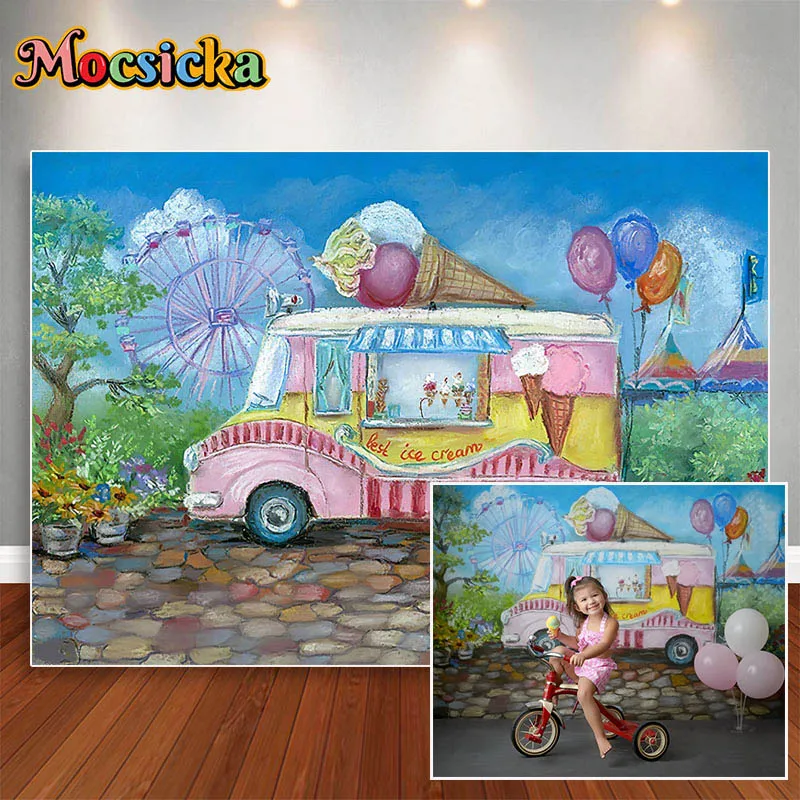 Mocsicka Ice Cream Sfondo fotografico Frutta rosa Decorazione per feste per auto Neonatale Baby Shower Ritratto Studio Banner Poster