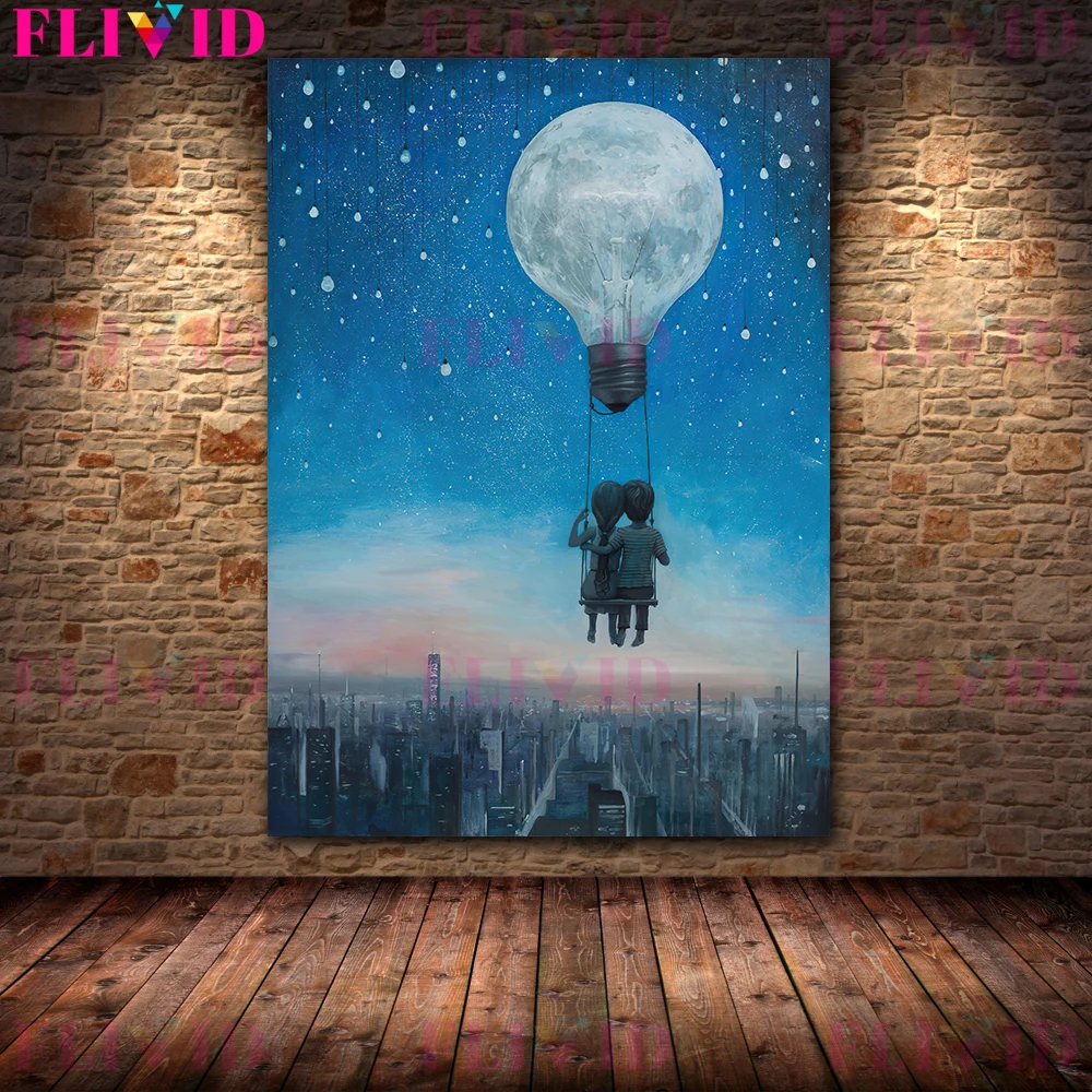 Moon Ballooning&Paragliding Vintage Wall Art Canvas Painting Sweet Lovers Under A Dreamy Starry Sky Art Poster Print Home Decor