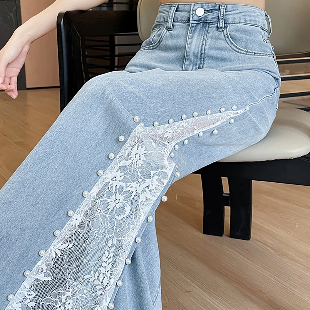 Jeans Kaki Lebar Tambal Sulam Renda untuk Wanita Celana Denim Desain Manik-manik Pinggang Tinggi Mode 2025 Celana Panjang Sutra Es Longgar Lurus Baru
