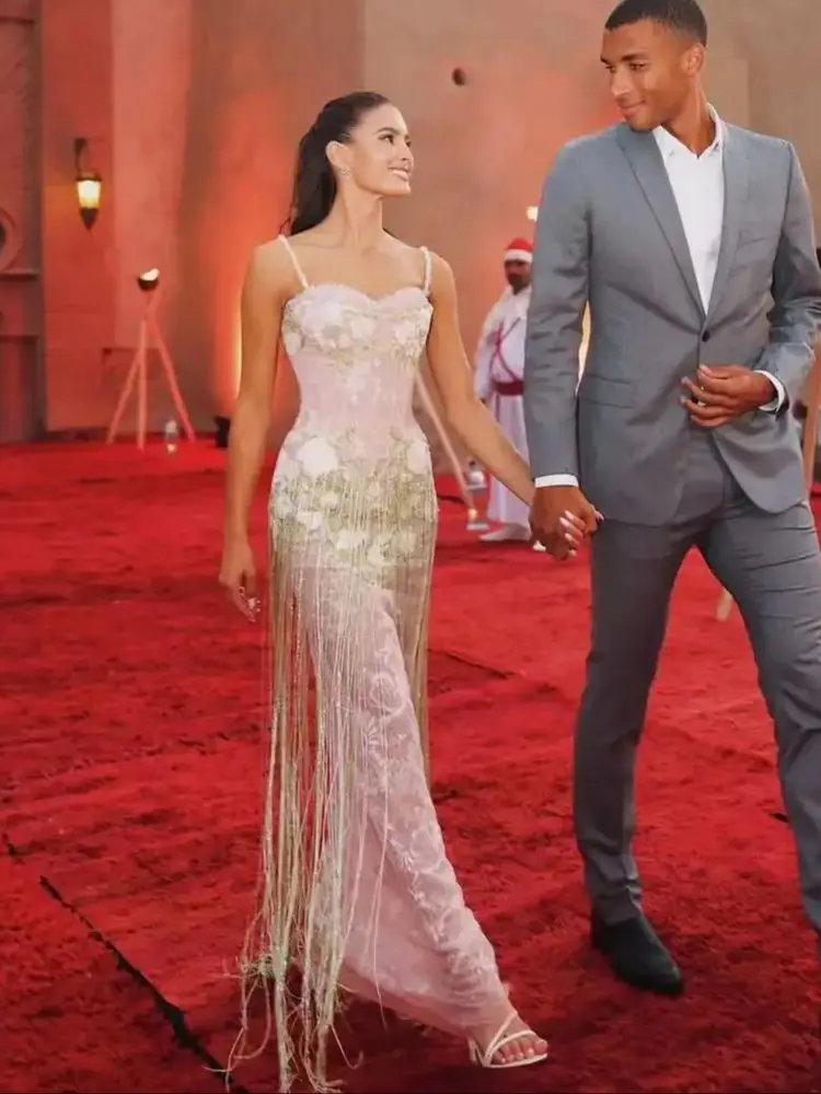 

Ofherown Бисероплетение Кисточка Вышитое Вечернее Платье Женщины Спагетти Ремни Кружевные Аппликации Пром Платья Формальное Гала Вечернее Платье