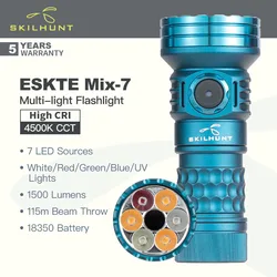 Skilhunt ESKTE Mix-7 (High CRI Version) Portable Flashlight, 7 LED Sources, White/Red/Green/Blue/UV Lights, with 18350 Battery