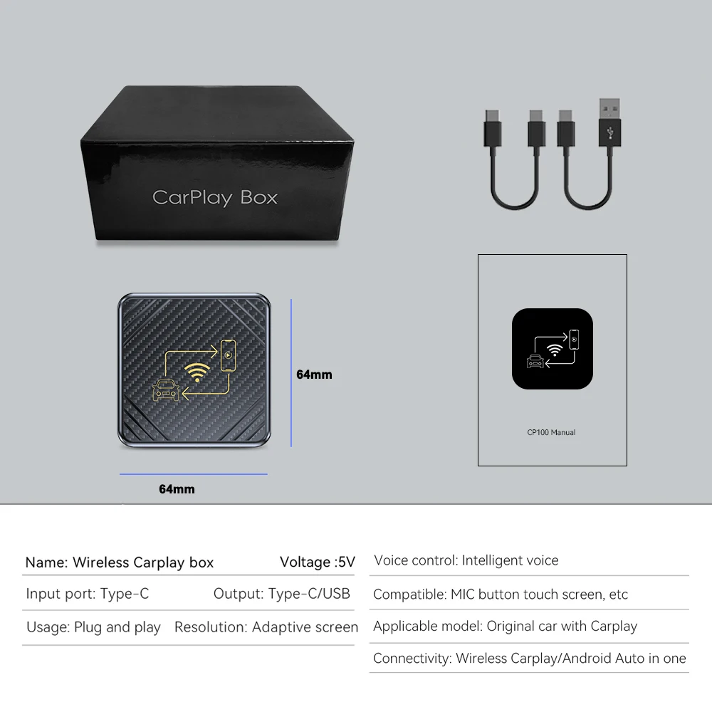 Mini Box Wireless Carplay&Android Auto Box 2in1 Wired to Wireless Dongle Automatic Connect Adapter Bluetooth 5.0 USB Type C