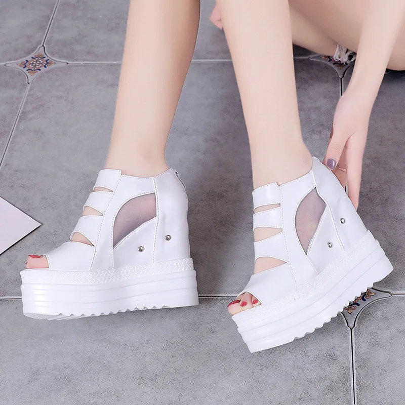 

Super High Heel Wedge-heeled Women's Sandals Platform Thick Sole Mesh Fish Mouth Shoes New Fashion Back Zipper Ladies Slippers