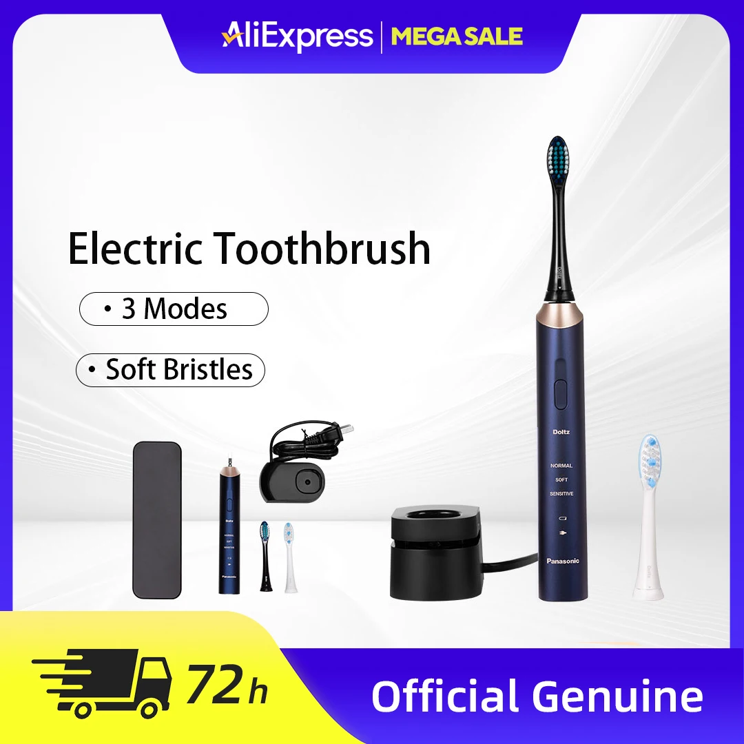 

Panasonic Electric Toothbrush Blue 3 Modes 2 Brush Heads Waterproof Body Soft Bristles Charging Base Home Electric Toothbrush