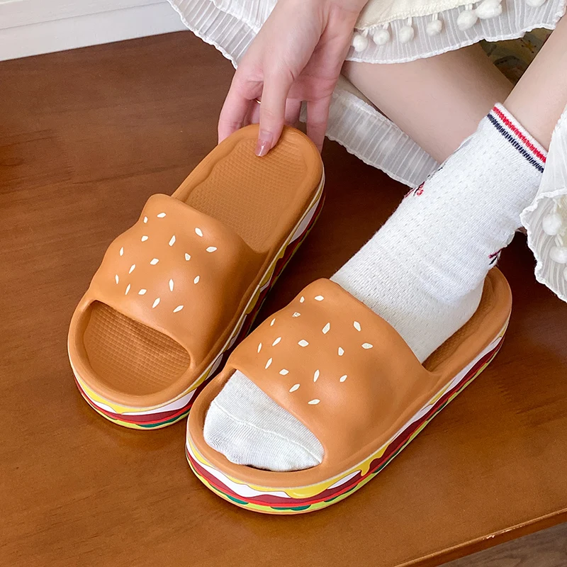 

Women's Summer Indoor Home Batoom Cute Cartoon Burger Slippers Outdoor Wearable Flat Sandals EVA Material Thi Heel