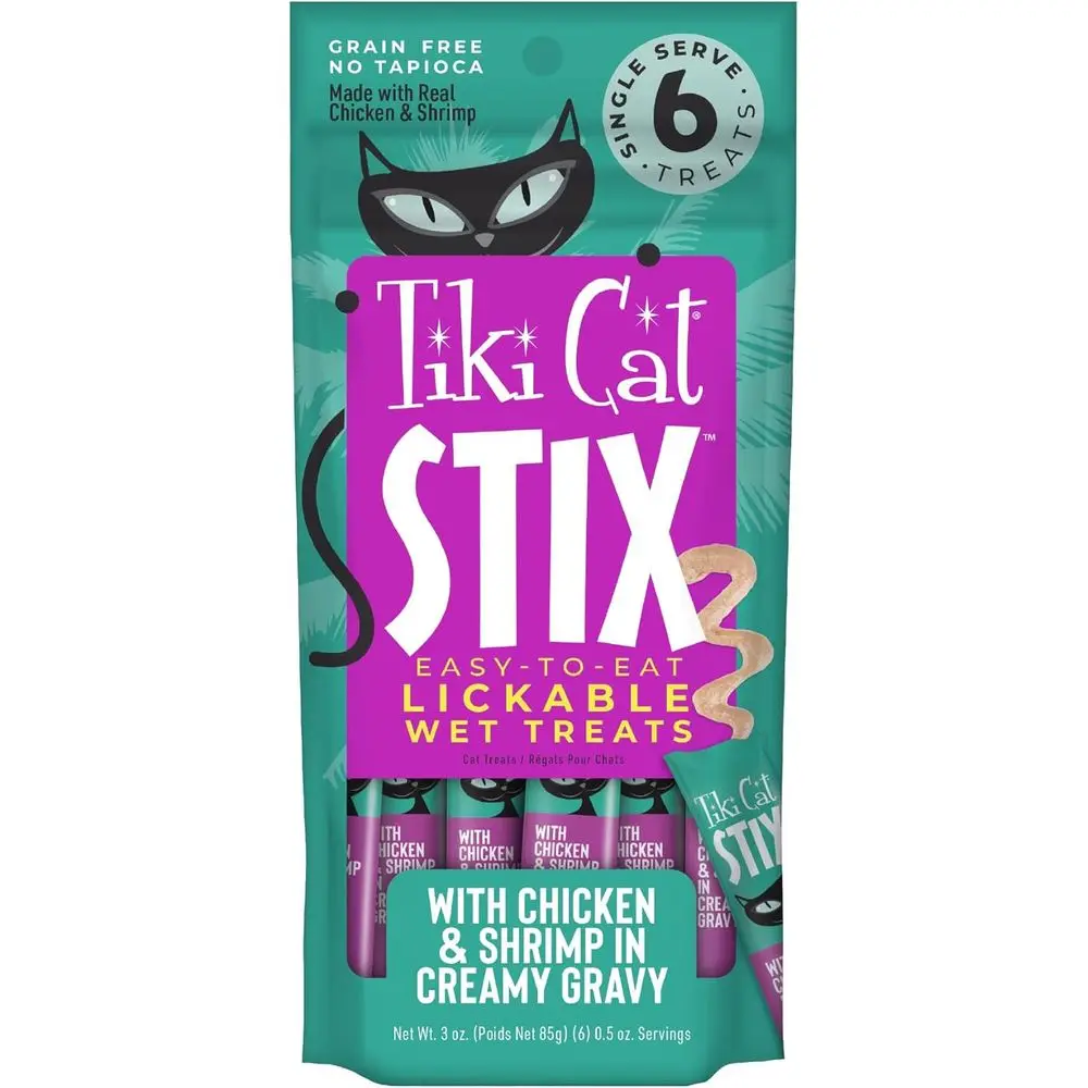 

Лакомство Tiki Cat Stix Mousse, порционное, для лизания или как добавка к сухому корму, с курицей и креветками в сливочной соусе, 0,5 унции.