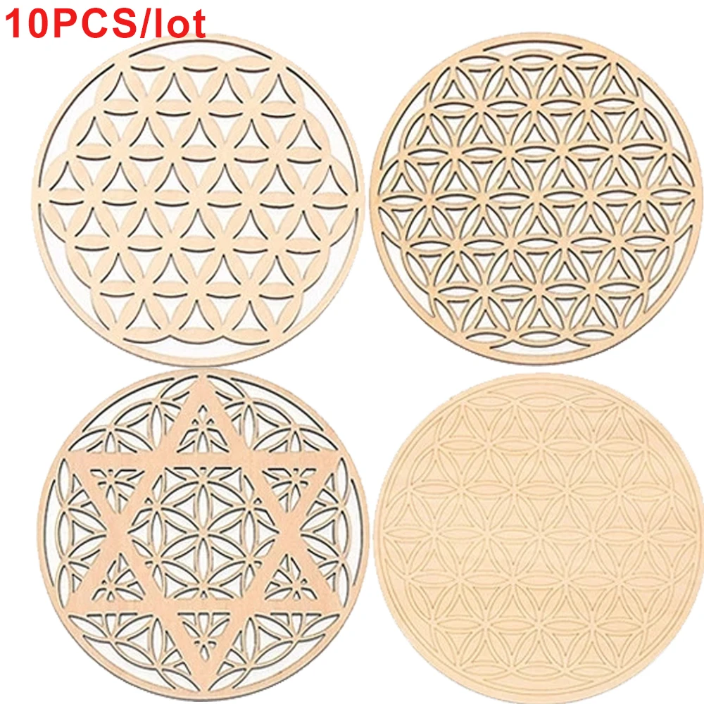 10pcs Chakra Flower of Life Natural Symbol Wood Round Edge Circles Carved Coaster for Stone Crystal Set Diy Decor Mats Pads