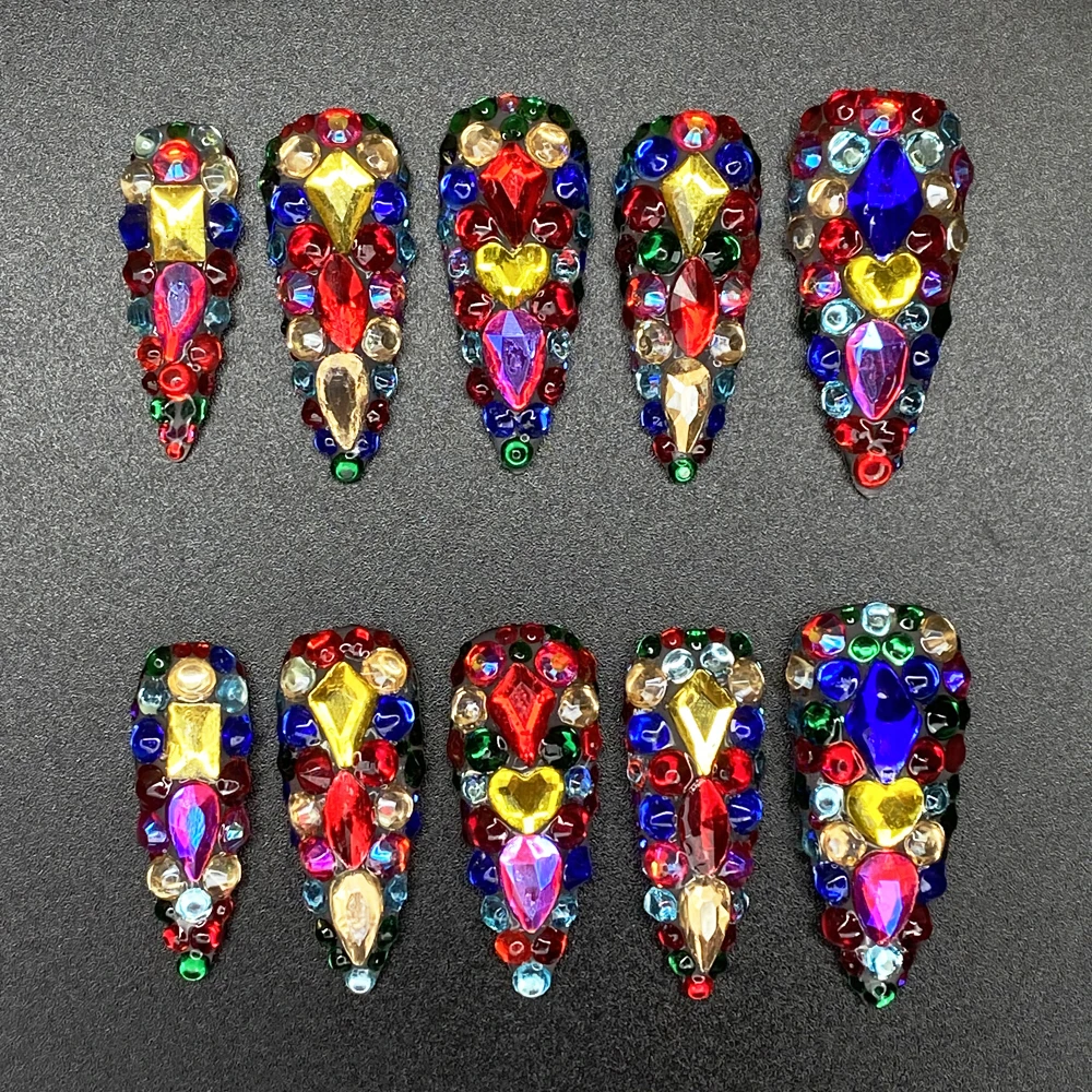 

Full Covered Colourful Rhinestone Gorgeous Durable Stiletto Acrylic Manual Nail Press on 35mm Glossy Bling 10PCS Fingernails Art