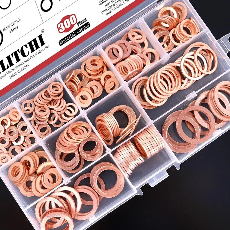 Kupfer-Unterlegscheibe, Dichtungsmutter und Bolzen-Set, 400/300/100 Stück, Dichtungsscheibe, flacher Ring, Dichtungs-Sortiment-Set für Sumpfstopfen