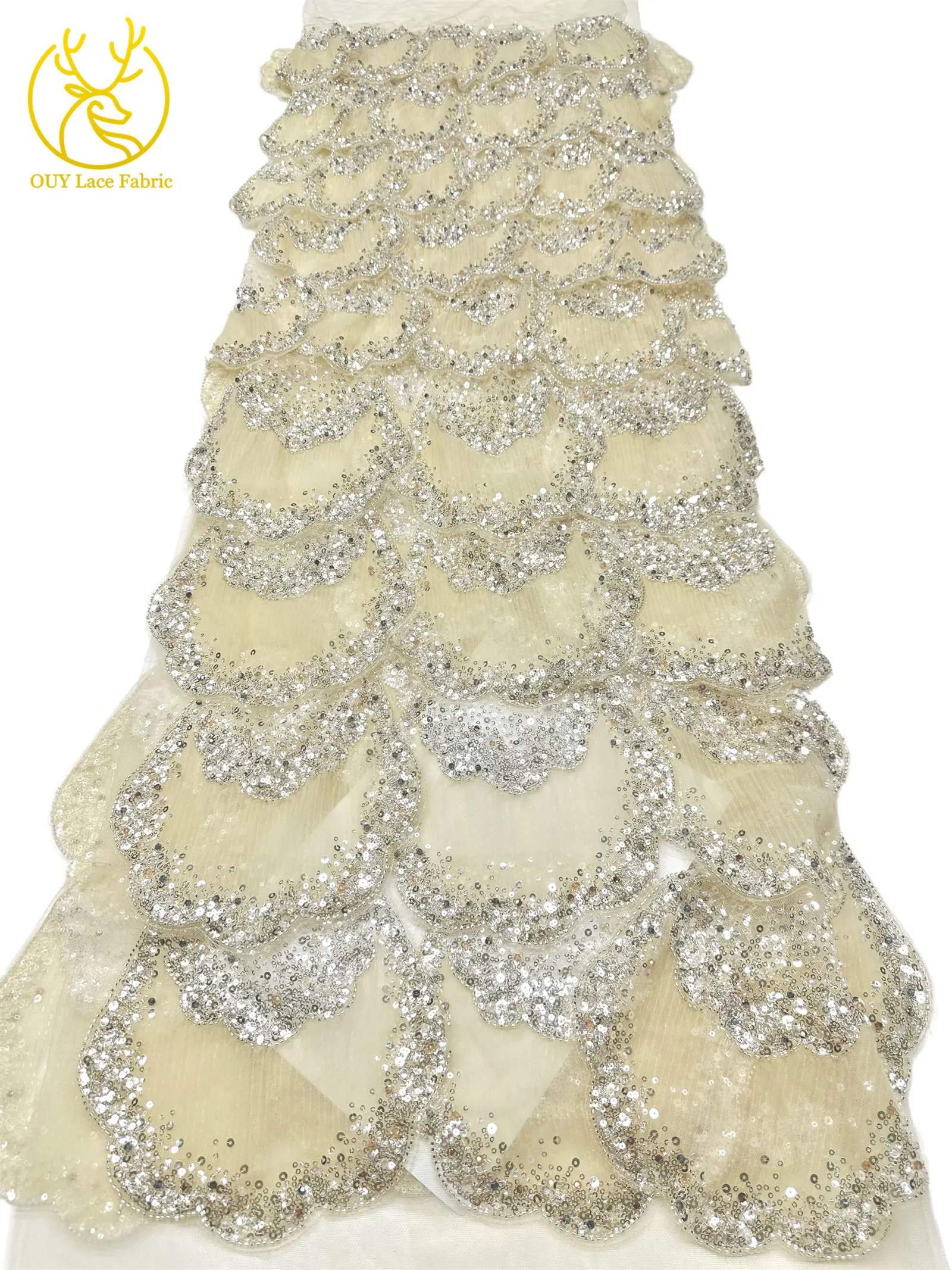 3D-Stickerei mit Pailletten und Perlen, marineblaue afrikanische Spitze, französischer Tüll, Netzspitze für Braut, Hochzeit, DIY, handgemachtes Nähen – Detail 18