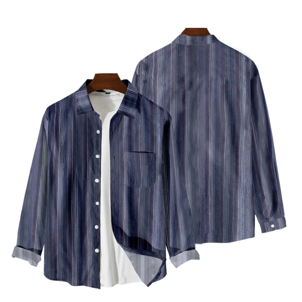 

Dark Blue Stripes Long Sleeve Shirts V-Neck Turn-down Collar Button Shirt Casual Style Tops