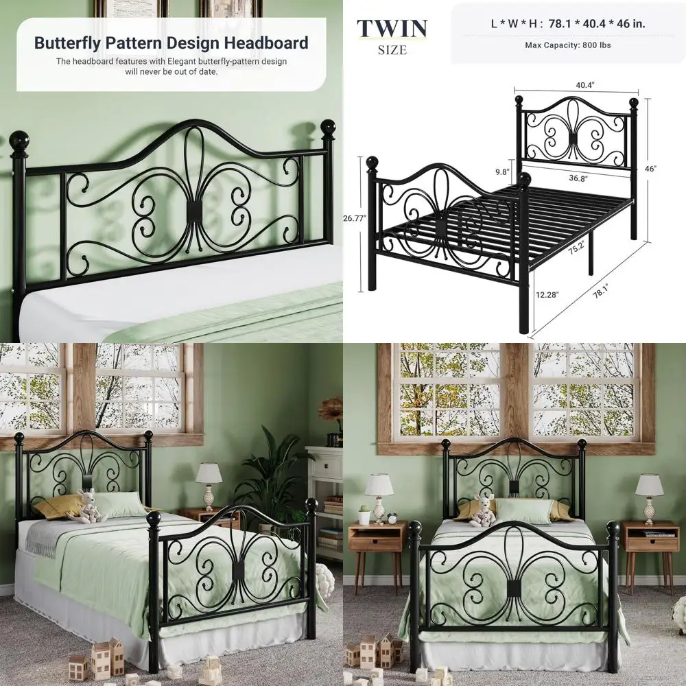 Twin Metal Bed Frame for Kids with Butterfly Design, No Box Spring, Easy Assembly, Black