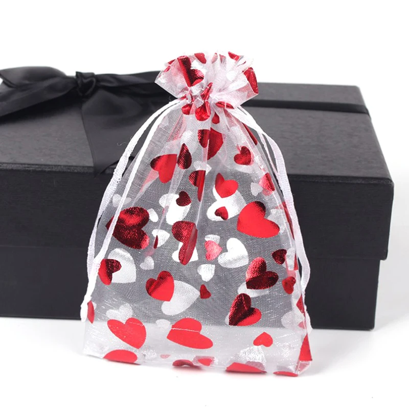 Red Love Heart Organza Bags Wedding Party Gift Candy Drawstring Bag Christmas Valentines Day Jewellery Pouches Display