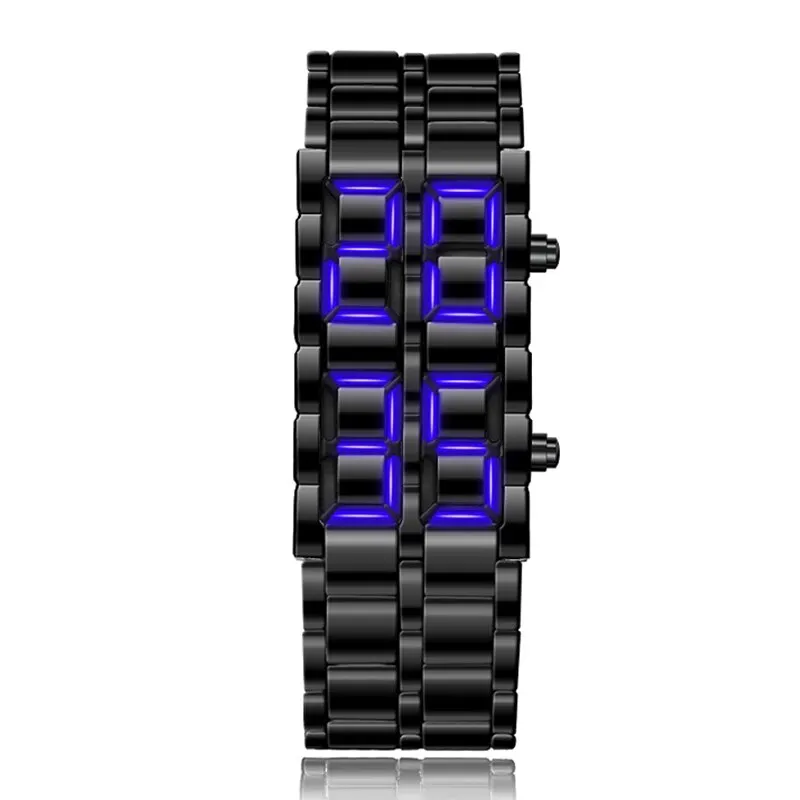 Fashion Black Full Metal Digital Lava Wrist Watch Men Blue LED Display Mens Watches Gifts for Male Boy Sport Creative Clock