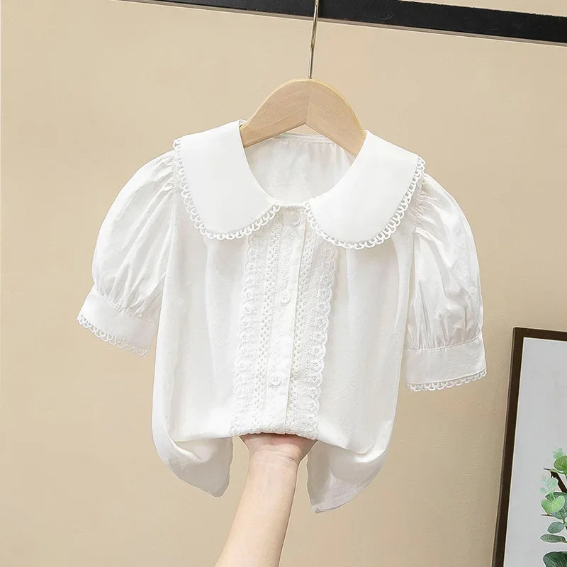 Baby Girl\'s Clothing Toddler Shirt Sweet Lapel short Sleeve Shirt Spring Girls Blouses Solid Color Cotton Tops 2-12 Years