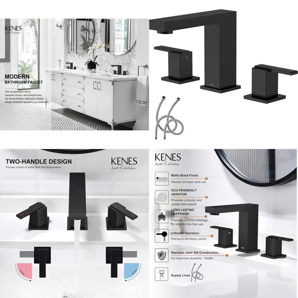 

Black 3-Hole Widespread Sink Faucet, 8 Spout, 2-Handle Bathroom Vanity Lavatory Fixture with Supply Lines, KE-9050-2