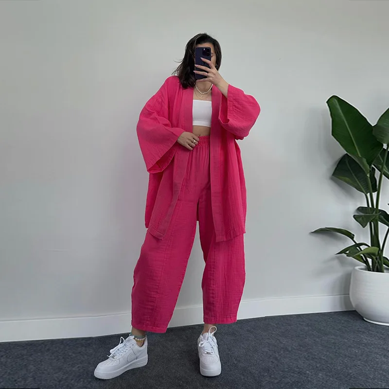 Solid Drape Loose Casual Suit Women Pajamas Fashion Kimono Long-Sleeved High Waist Trousers 2 Pcs Sleepwear Female Home Suit